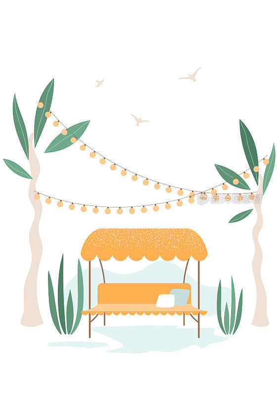 Yellow garden swings with pillows. Vacation card, poster